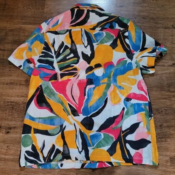 Men's ASOS Aloha Shirt Linen Blend Tiki Hawaii Geometric Print Pink Blue medium - Picture 2 of 8